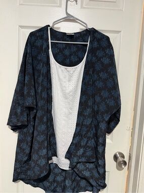 Navy & Black Patterned Open Kimono with White Tank